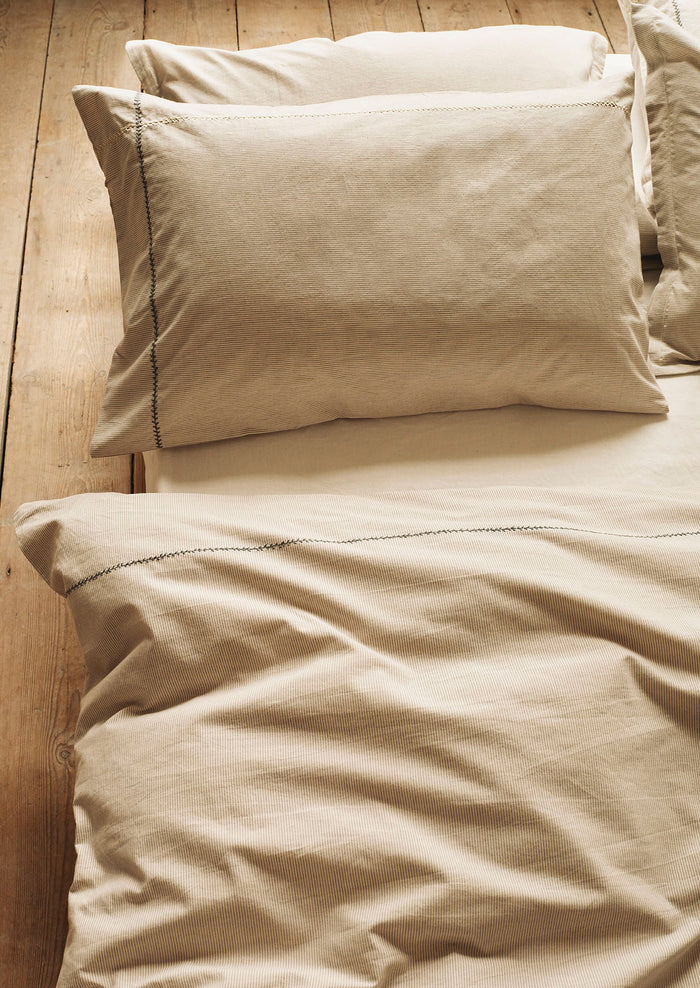 Fine Stripe Organic Cotton Embroidered Pillowcase | Ecru/Smoke Blue