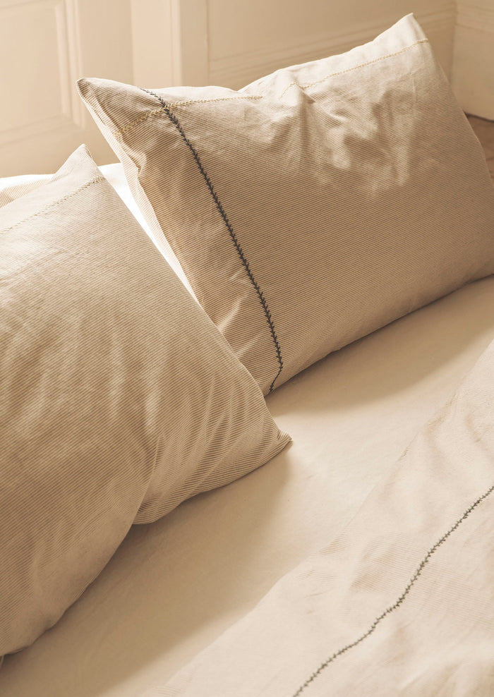 Fine Stripe Organic Cotton Embroidered Pillowcase | Ecru/Smoke Blue