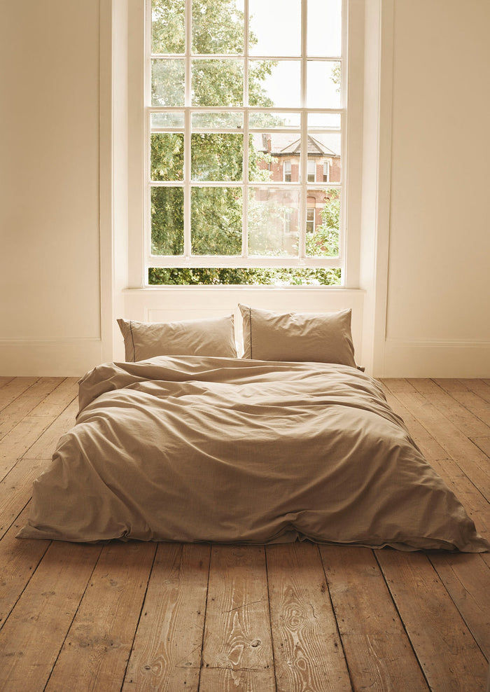 Fine Stripe Organic Cotton Embroidered Pillowcase | Ecru/Smoke Blue