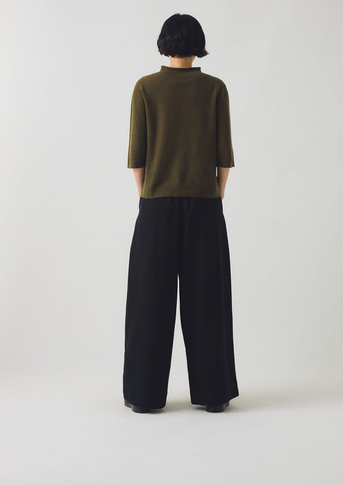 Fine Wool Cashmere Half Sleeve Sweater | Olive Melange