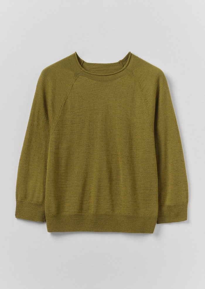 Fine Wool Cotton Half Sleeve Sweater | Bright Olive