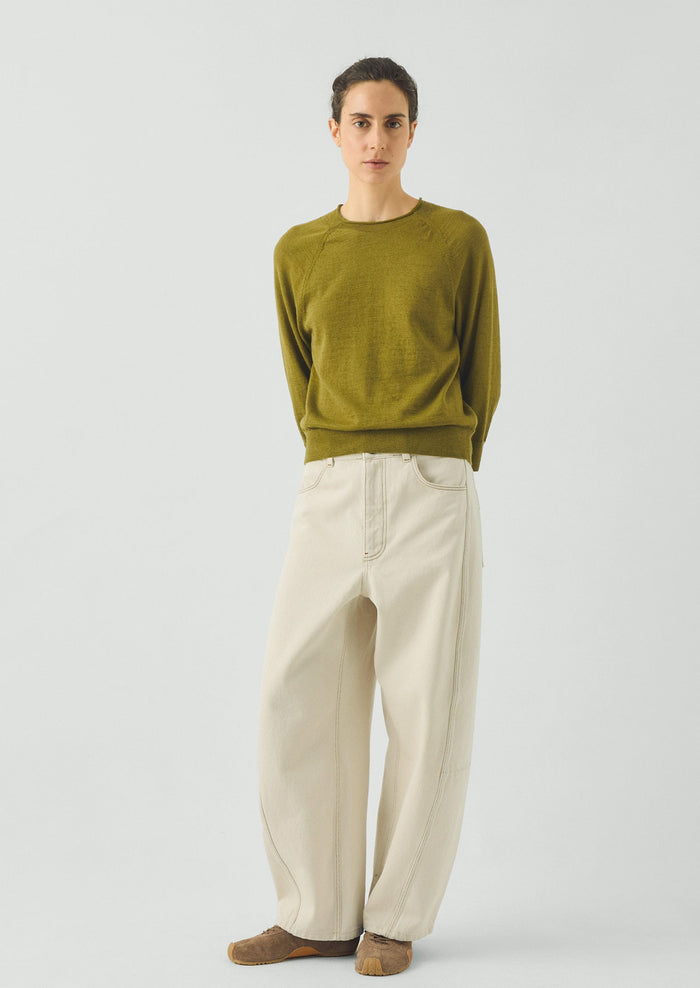Fine Wool Cotton Half Sleeve Sweater | Bright Olive