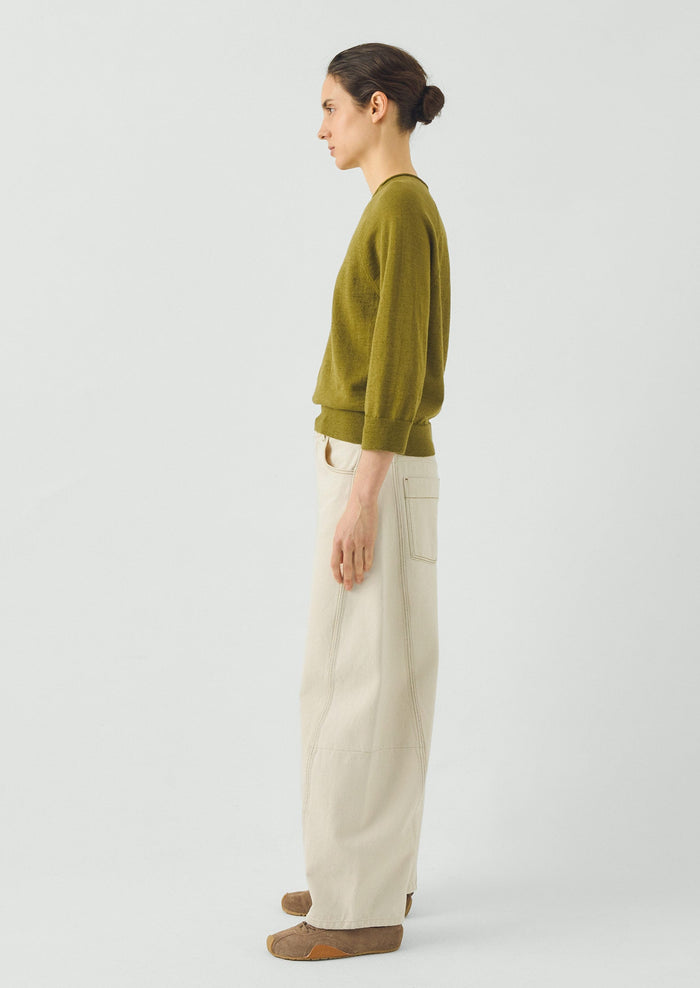 Fine Wool Cotton Half Sleeve Sweater | Bright Olive