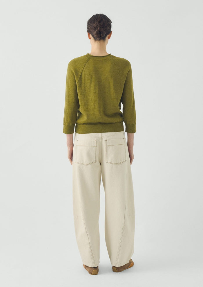 Fine Wool Cotton Half Sleeve Sweater | Bright Olive