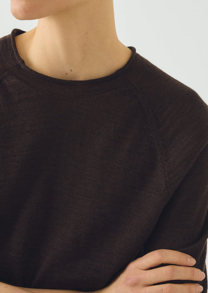 Fine Wool Cotton Half Sleeve Sweater | Dark Chocolate
