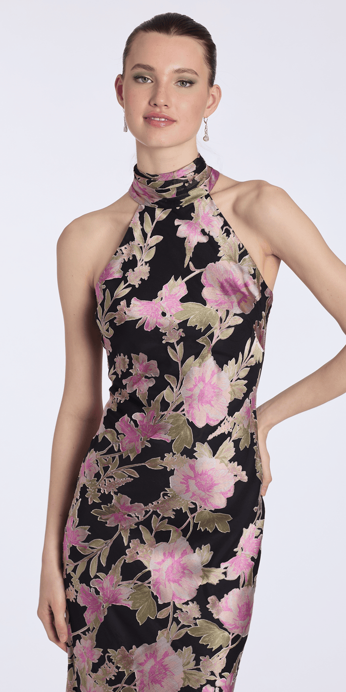black-multi/size/6/Camille La Vie/Floral Burnout Chiffon Halter Column Dress/closeup