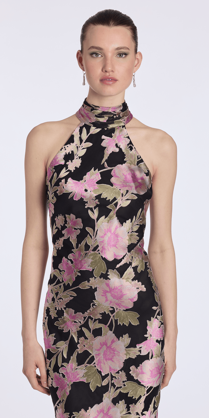 black-multi/size/6/Camille La Vie/Floral Burnout Chiffon Halter Column Dress/closeup alt