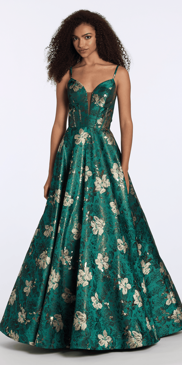 green-multi/size/4/missy/Camille La Vie /Floral Jacquard Plunge A Line Dress with Pockets/front