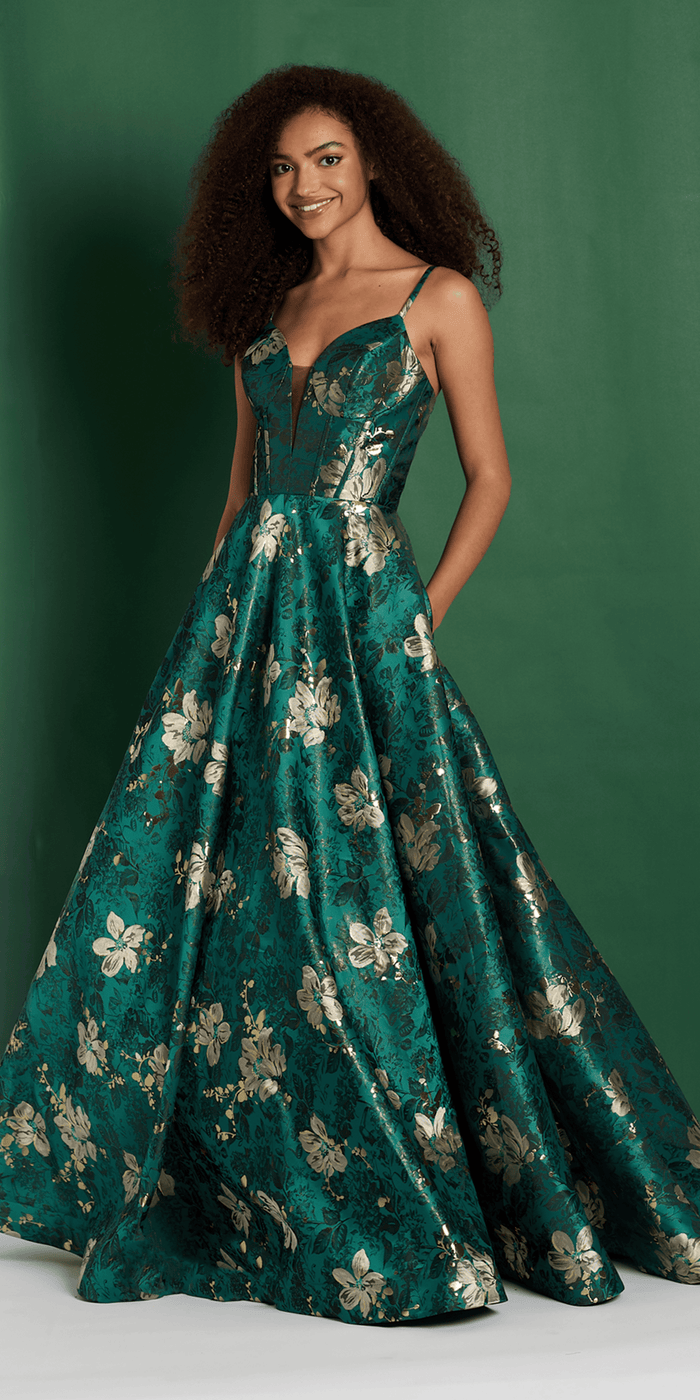 green-multi/size/4/missy/Camille La Vie /Floral Jacquard Plunge A Line Dress with Pockets/front alt