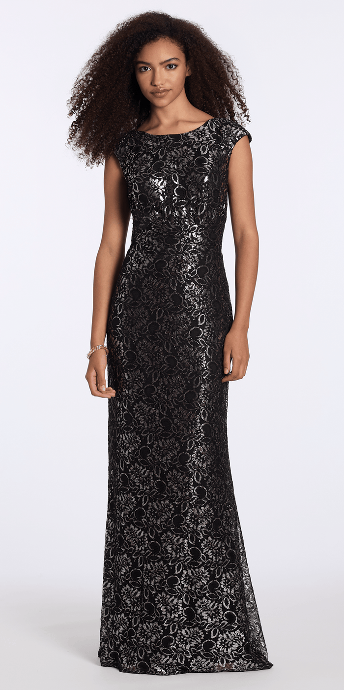 black-silver/size/6/missy/Camille La Vie/ Floral Metallic Lace Scoop Neck Cap Sleeve Column Dress/front
