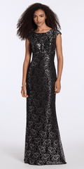 black-silver/size/6/missy/Camille La Vie/ Floral Metallic Lace Scoop Neck Cap Sleeve Column Dress/front