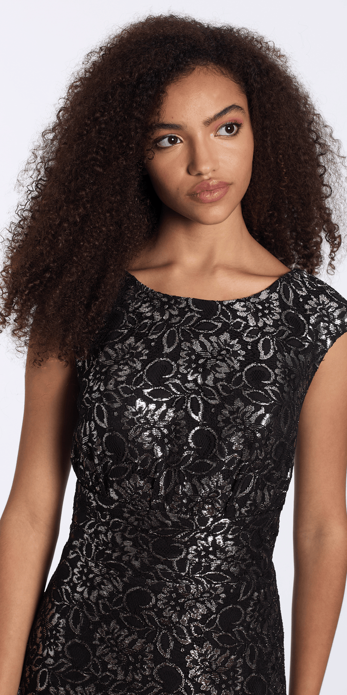 black-silver/size/6/missy/Camille La Vie/ Floral Metallic Lace Scoop Neck Cap Sleeve Column Dress/closeup