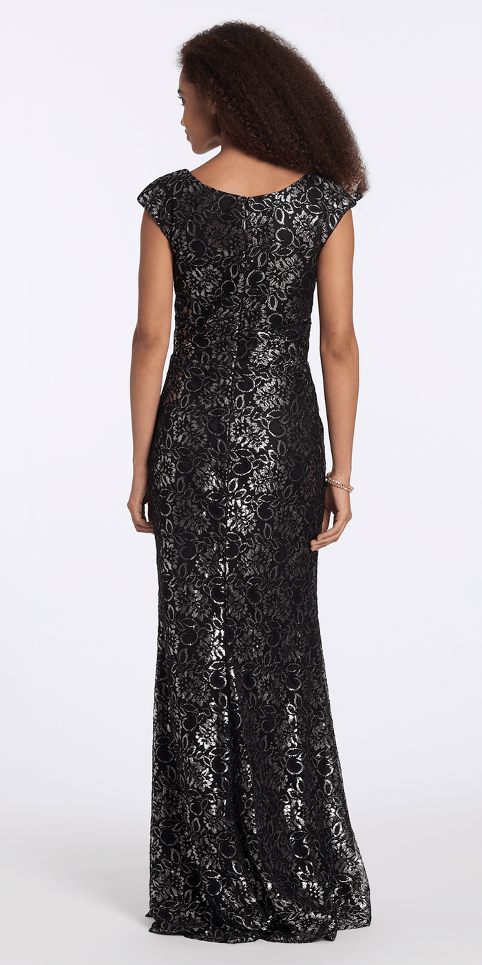black-silver/size/6/missy/Camille La Vie/ Floral Metallic Lace Scoop Neck Cap Sleeve Column Dress/back