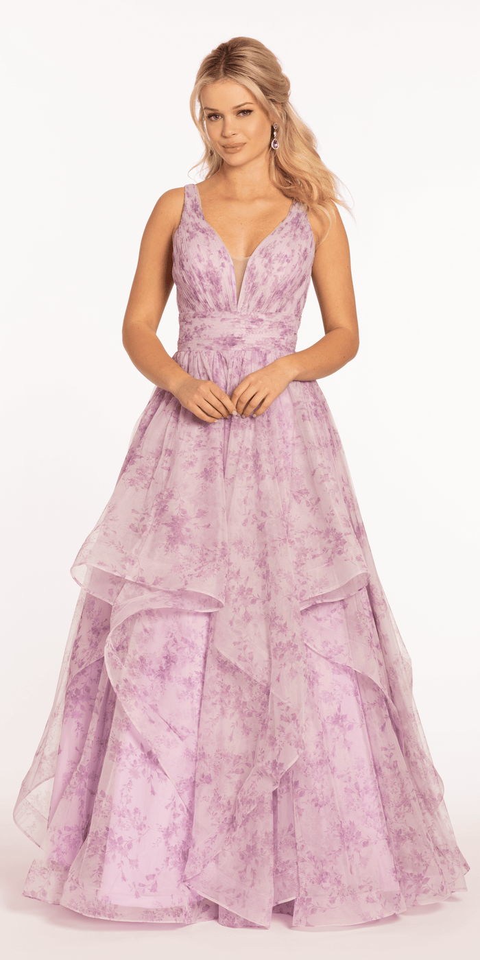 Floral Pleated Plunging Mesh Tiered Ballgown - Camille La Vie