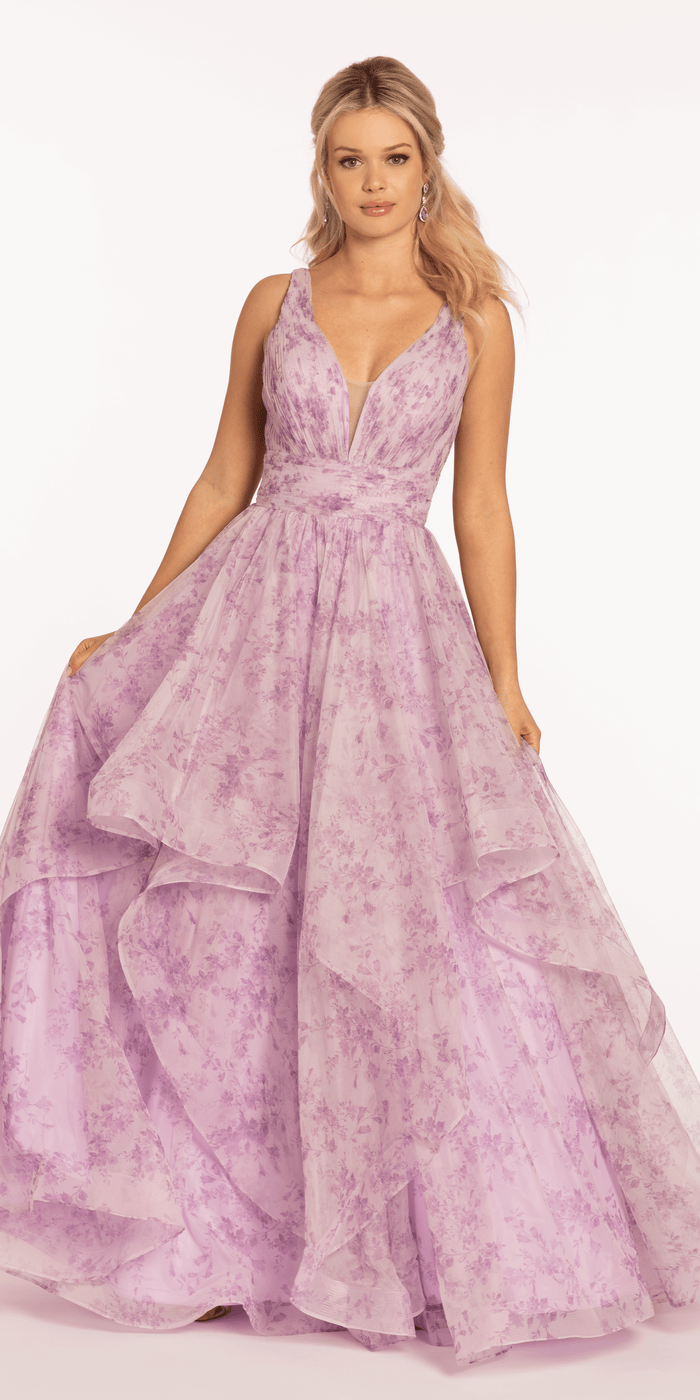 Floral Pleated Plunging Mesh Tiered Ballgown - Camille La Vie