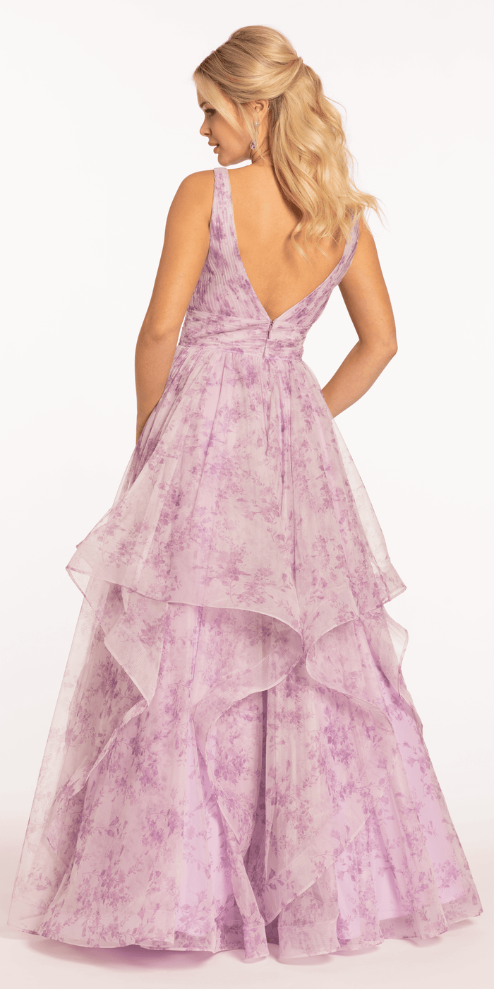 Floral Pleated Plunging Mesh Tiered Ballgown - Camille La Vie