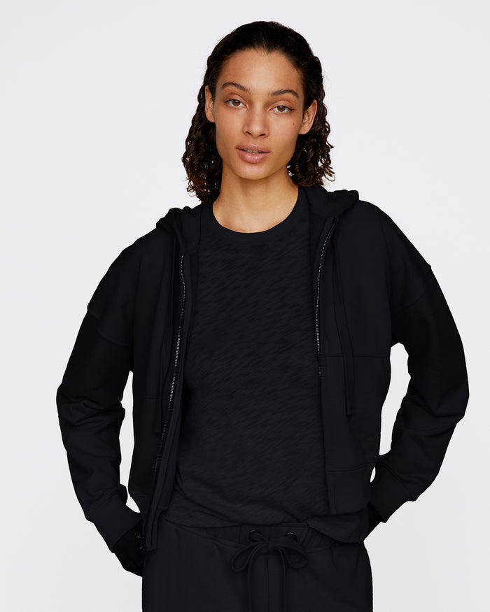 French Terry Zip-Up Hoodie - Black