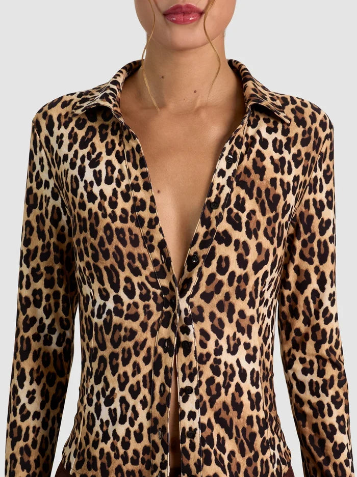 FREYA BUTTON DOWN TOP - SPOTTED LEOPARD