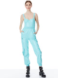 FRIDA VEGAN LEATHER BUSTIER CARGO JUMPSUIT - AQUA BLUE