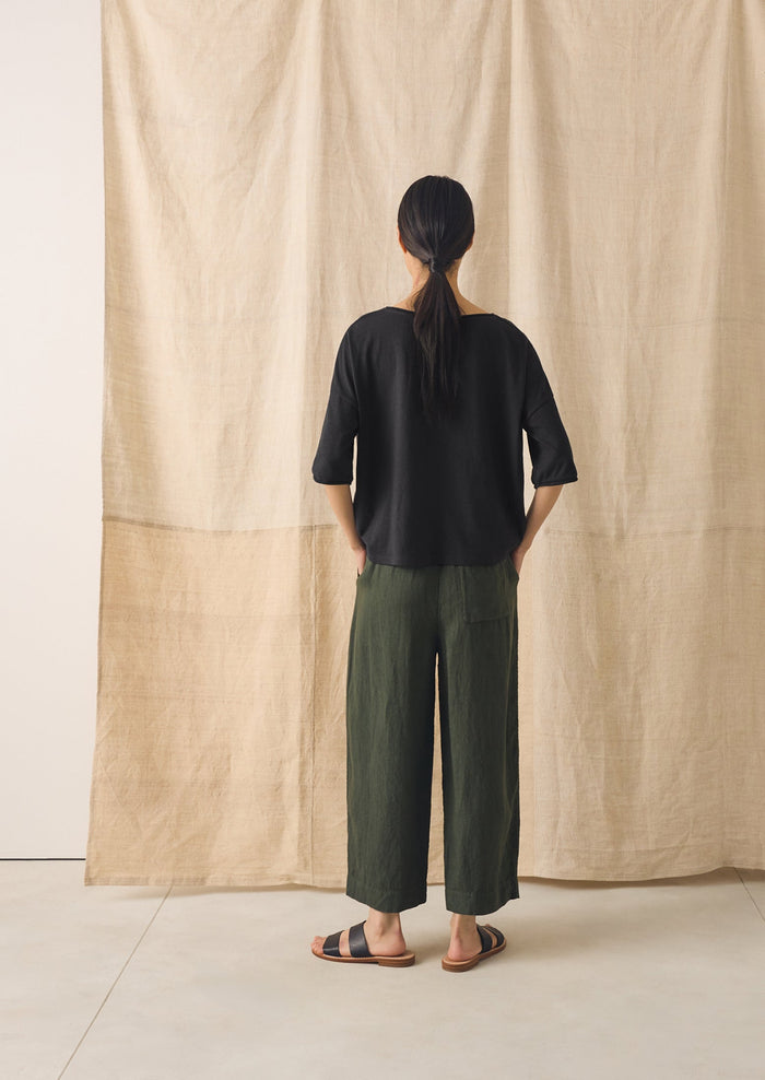 Garment Dyed Linen Barrel Leg Pants | Dark Olive