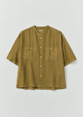 Garment Dyed Linen Grandad Collar Shirt | Durian Green