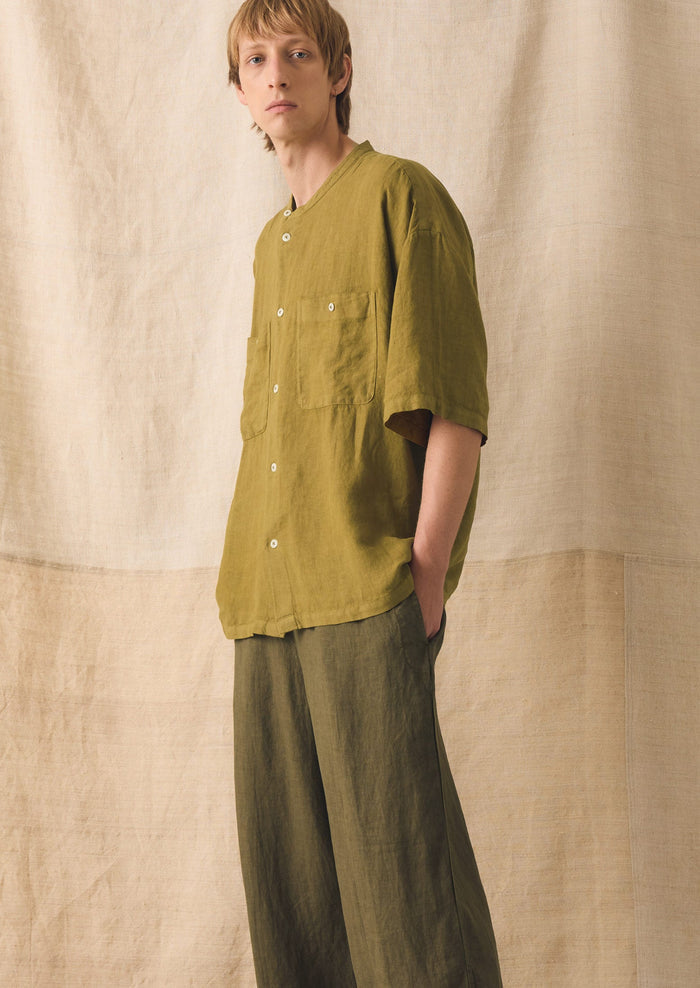 Garment Dyed Linen Grandad Collar Shirt | Durian Green