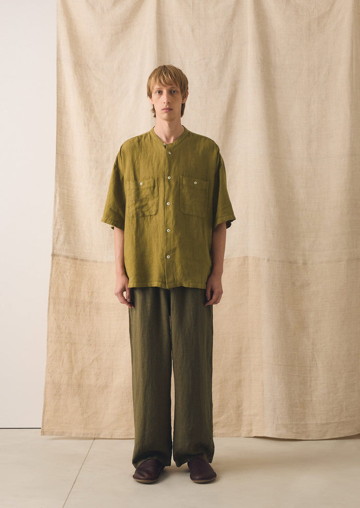 Garment Dyed Linen Grandad Collar Shirt | Durian Green