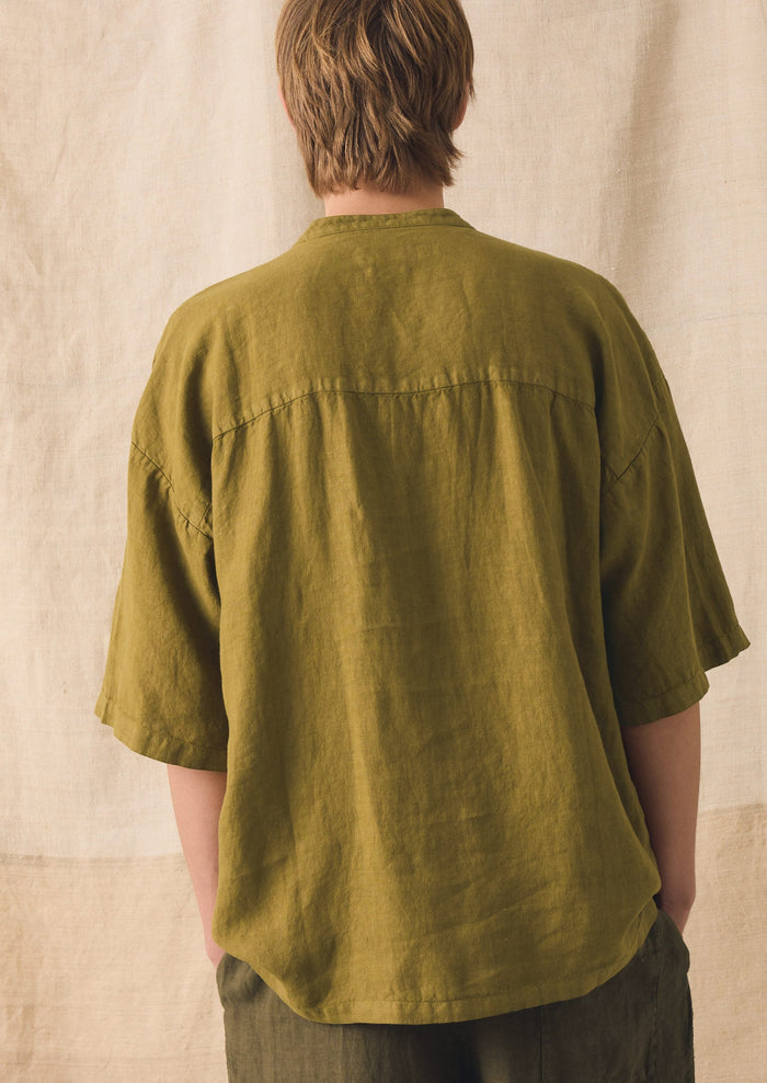 Garment Dyed Linen Grandad Collar Shirt | Durian Green
