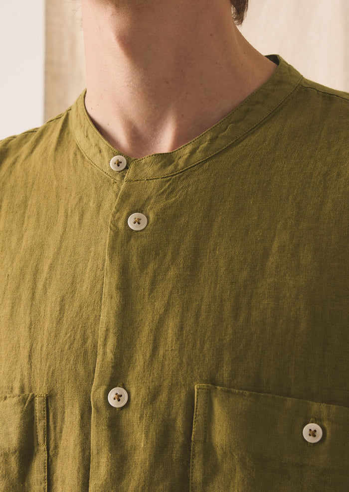 Garment Dyed Linen Grandad Collar Shirt | Durian Green