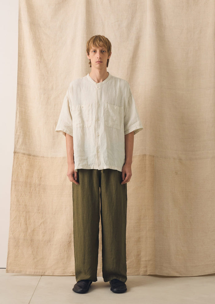 Garment Dyed Linen Grandad Collar Shirt | Oat