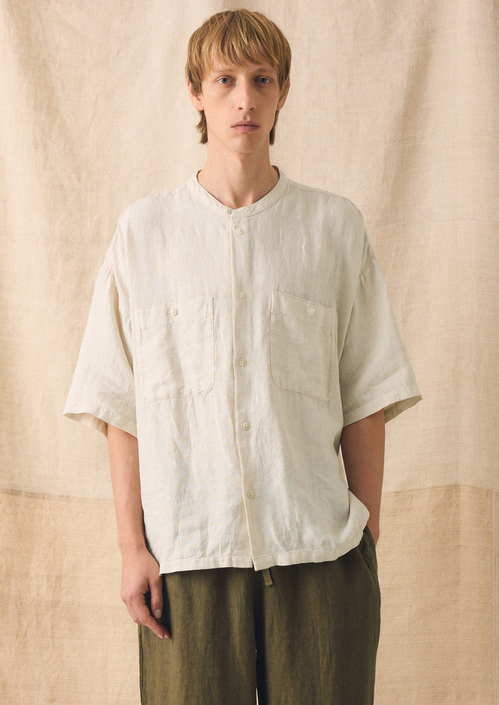 Garment Dyed Linen Grandad Collar Shirt | Oat