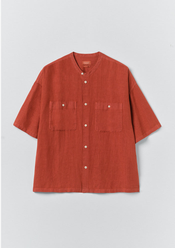 Garment Dyed Linen Grandad Collar Shirt | Sun-dried Tomato