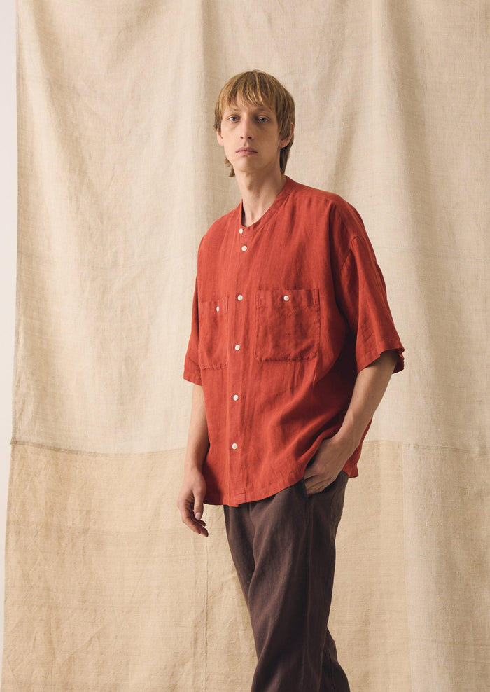 Garment Dyed Linen Grandad Collar Shirt | Sun-dried Tomato
