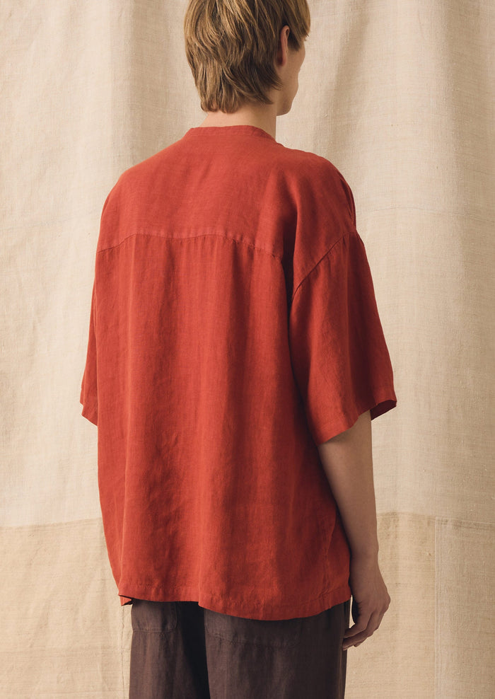 Garment Dyed Linen Grandad Collar Shirt | Sun-dried Tomato