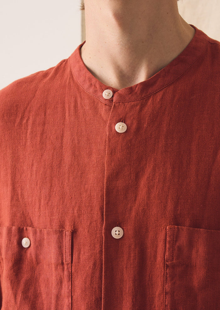 Garment Dyed Linen Grandad Collar Shirt | Sun-dried Tomato