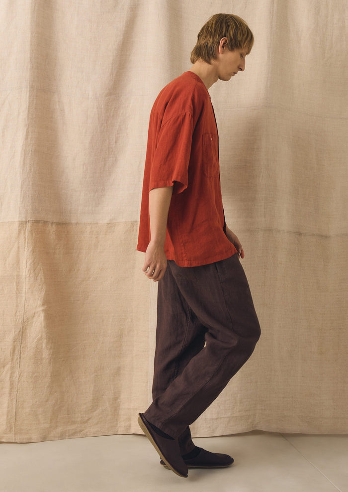 Garment Dyed Linen Grandad Collar Shirt | Sun-dried Tomato