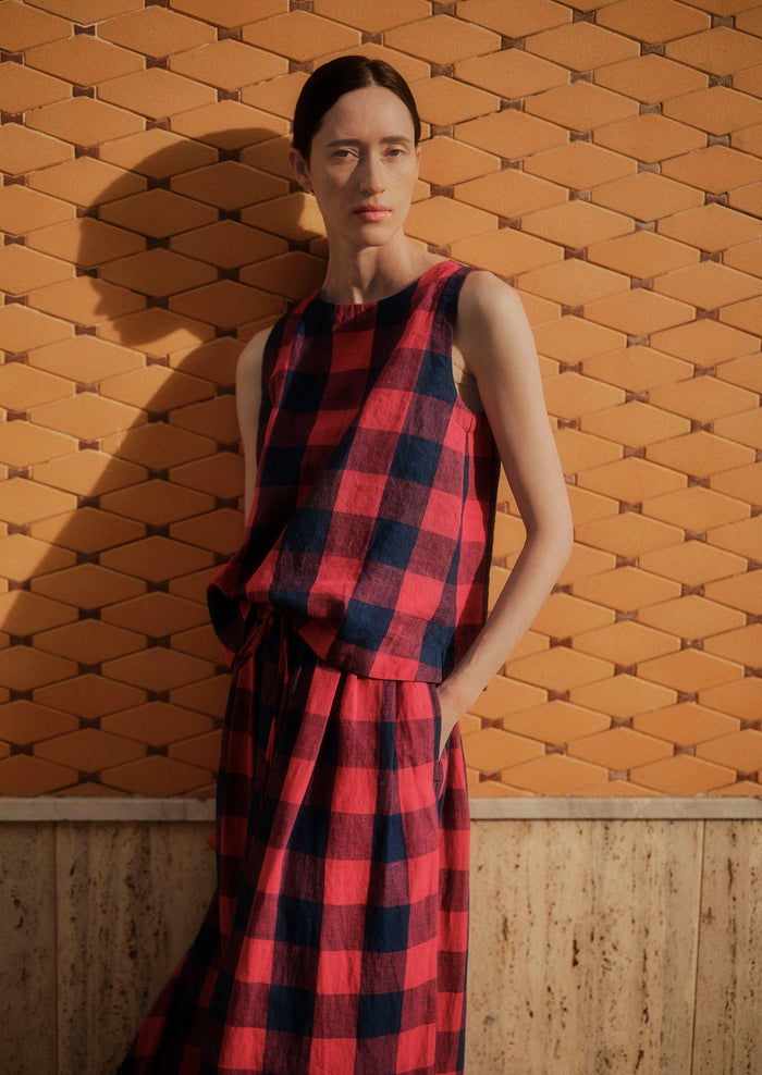 Gingham Check Linen Tank | Raspberry/Blue