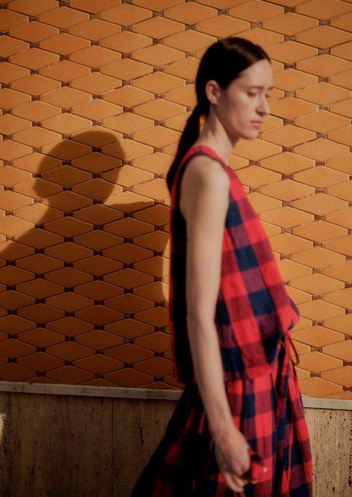 Gingham Check Linen Tank | Raspberry/Blue