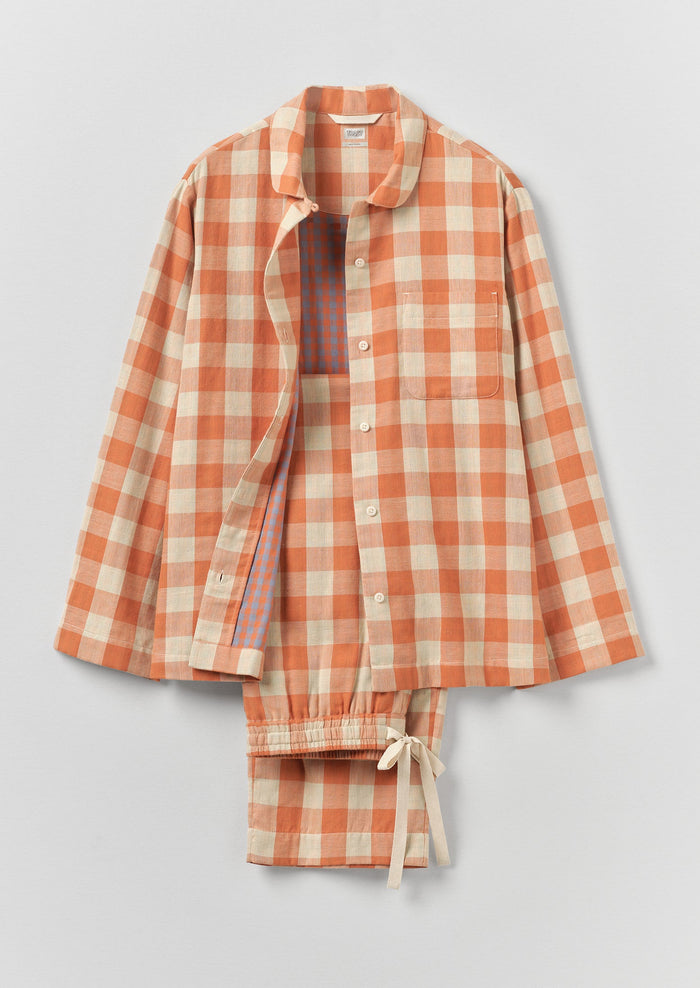 Gingham Double Face Cotton Pajamas | Coral/Sky Blue