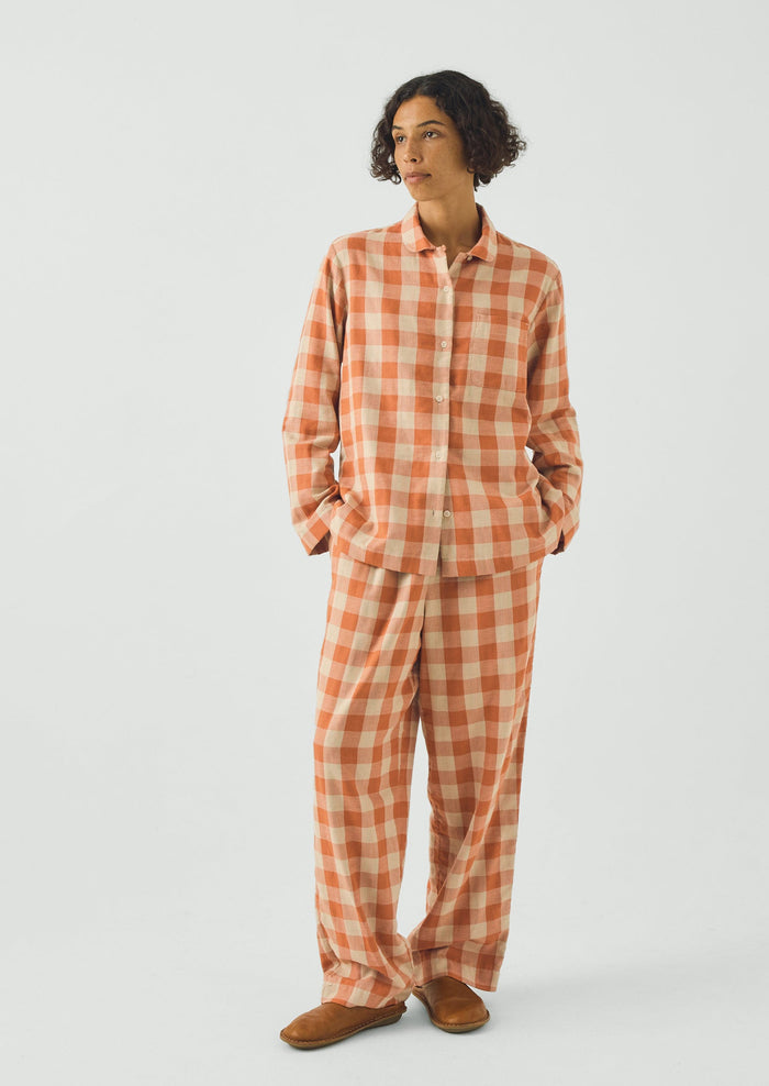 Gingham Double Face Cotton Pajamas | Coral/Sky Blue