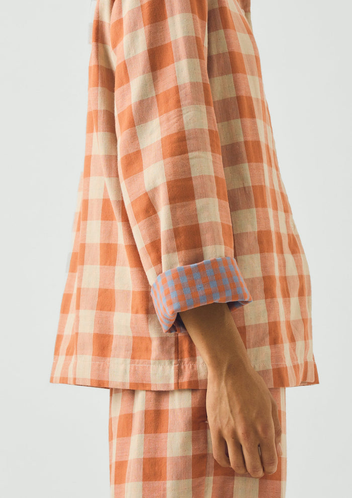 Gingham Double Face Cotton Pajamas | Coral/Sky Blue