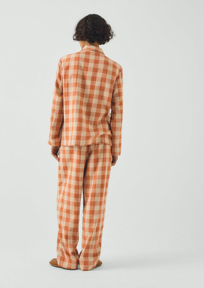 Gingham Double Face Cotton Pajamas | Coral/Sky Blue