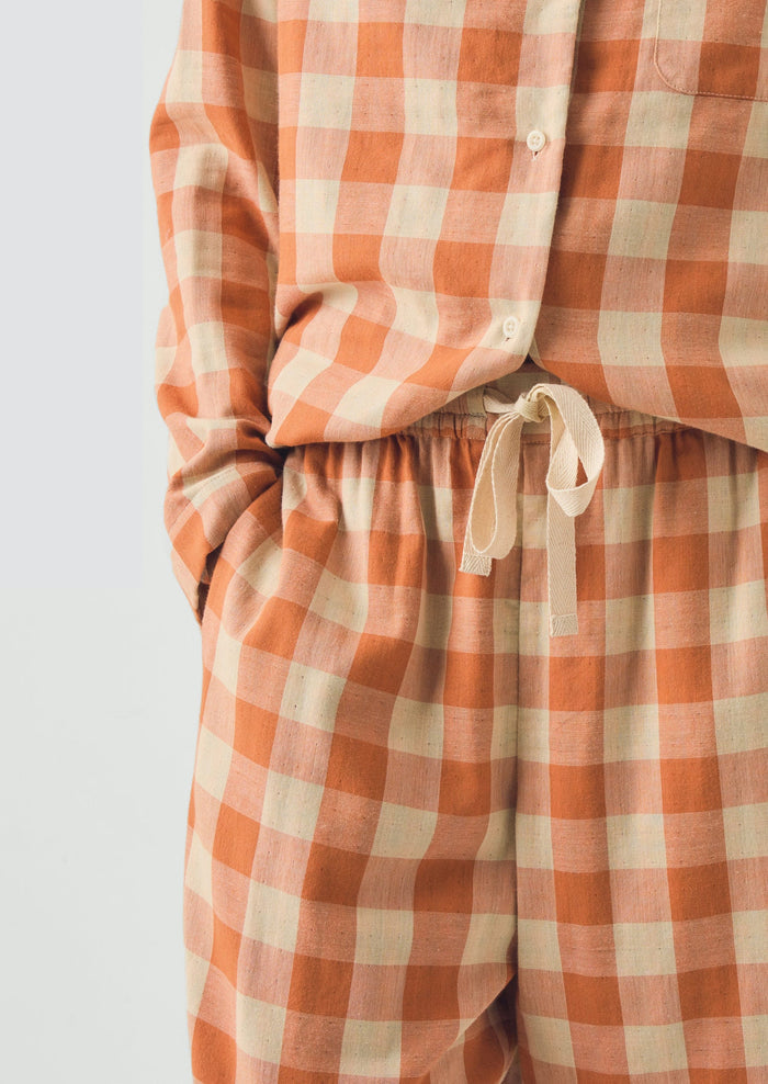 Gingham Double Face Cotton Pajamas | Coral/Sky Blue