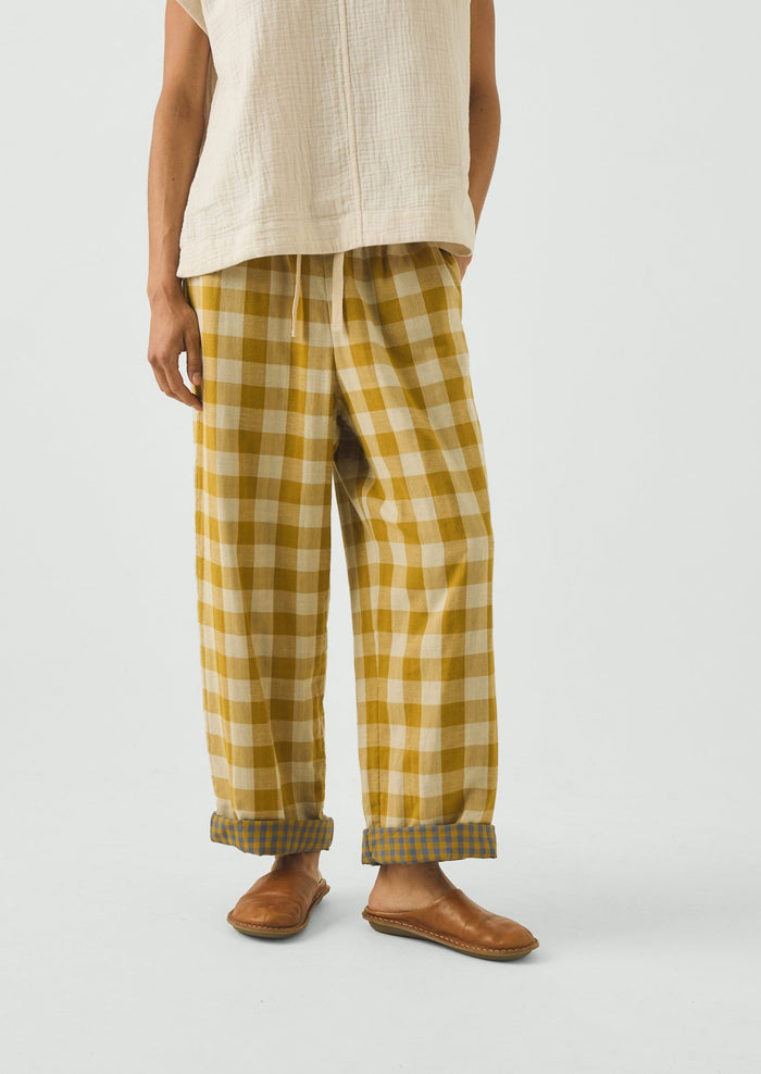 Gingham Double Faced Cotton Pajama Pants | Golden Ochre/Washed Hyacinth