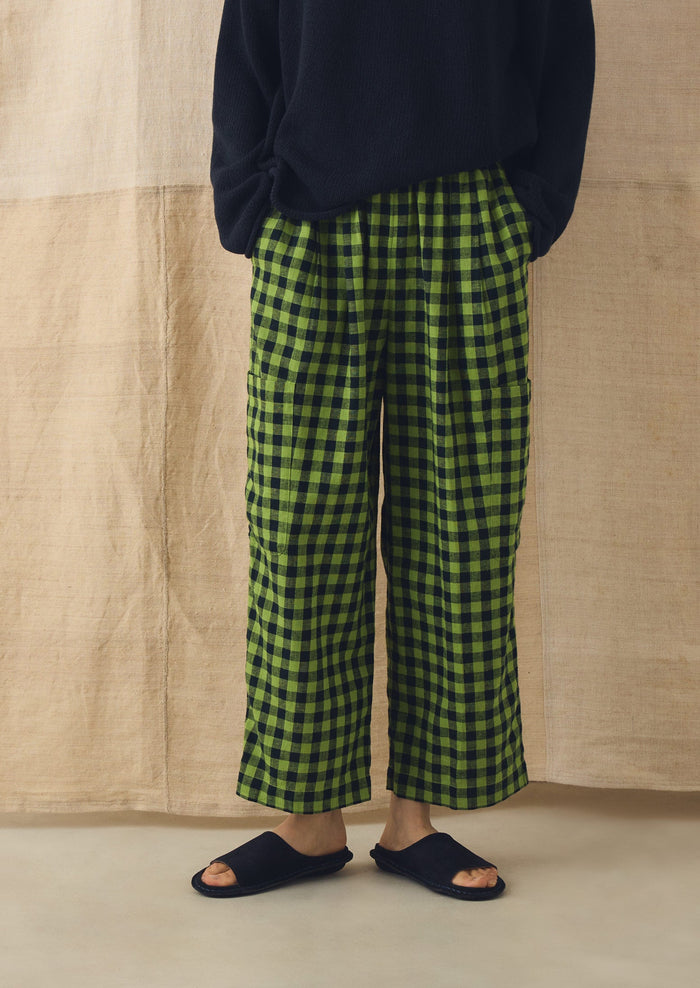 Gingham Linen Cotton Patch Pocket Pants | Beetle Green