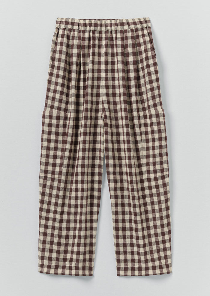 Gingham Linen Cotton Patch Pocket Pants | Dark Chocolate/Ecru