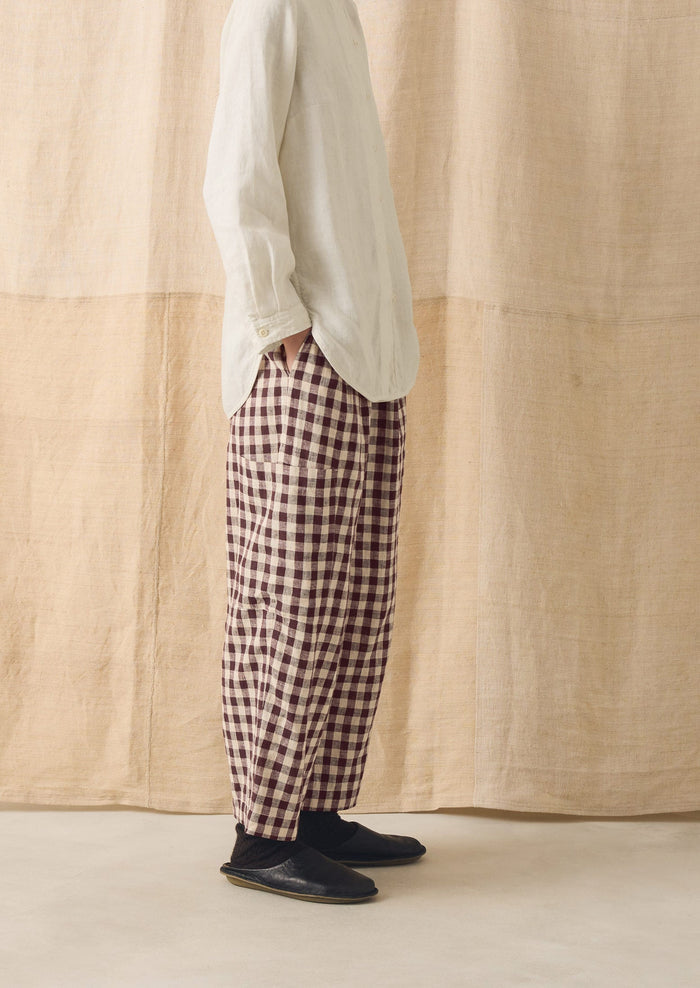 Gingham Linen Cotton Patch Pocket Pants | Dark Chocolate/Ecru