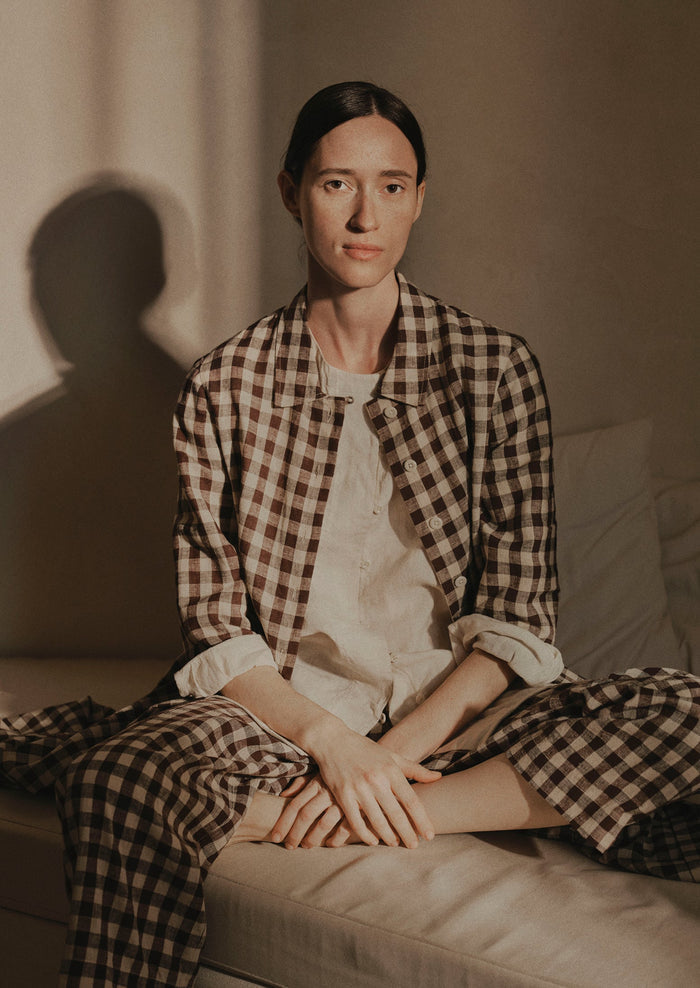 Gingham Linen Cotton Patch Pocket Pants | Dark Chocolate/Ecru