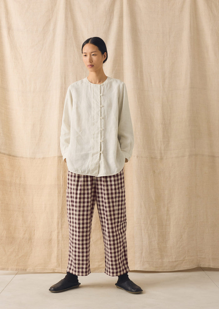 Gingham Linen Cotton Patch Pocket Pants | Dark Chocolate/Ecru