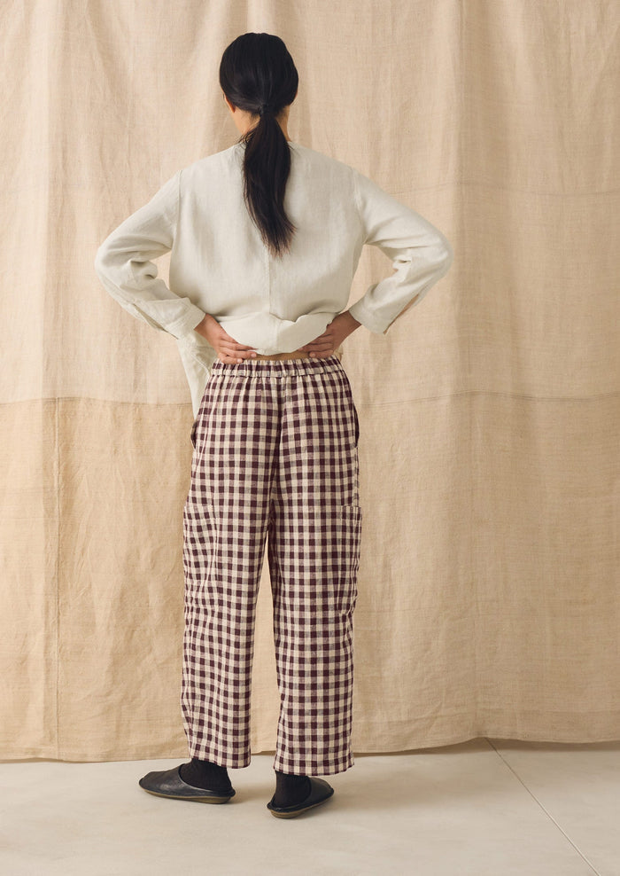 Gingham Linen Cotton Patch Pocket Pants | Dark Chocolate/Ecru